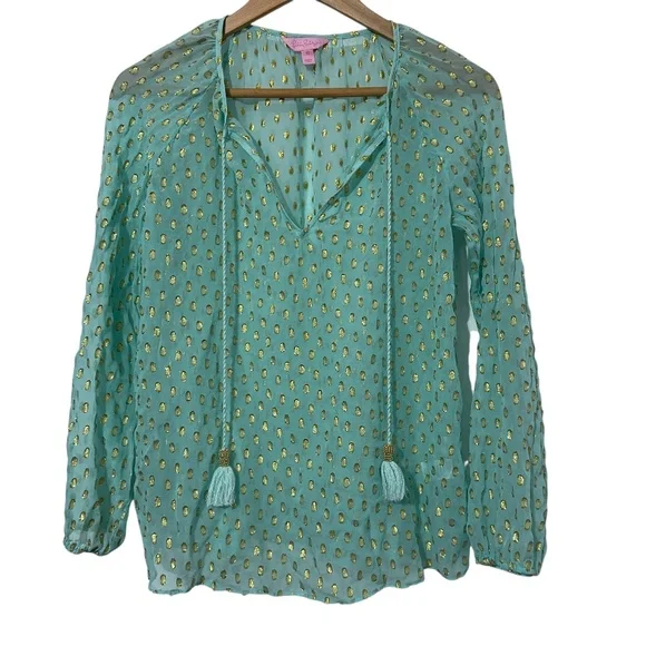 Lilly Pulitzer Womens Sheer Top Size XS Tie Neck Gold Polka Dot Elastic Wrist - Picture 1 of 4